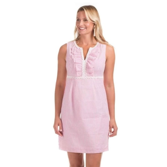Duffield Lane The Orchard Seersucker Dress in Pink White Size Extra Small - Picture 1 of 10